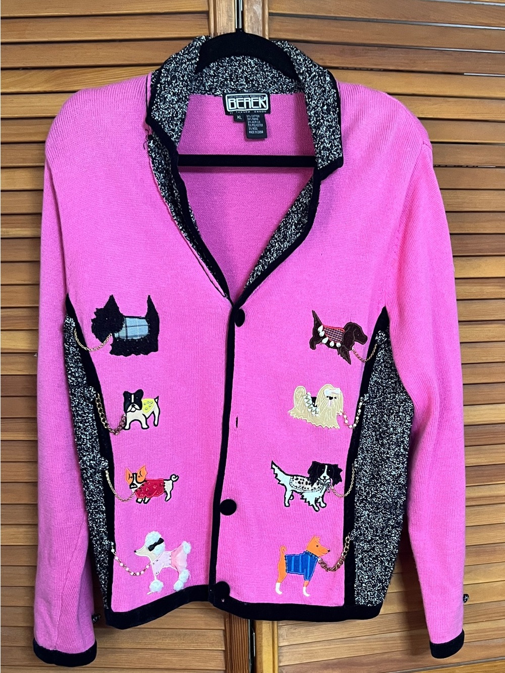 Vintage Berek XL Pink Dog Cardigan Sweater Novelty Missing Button